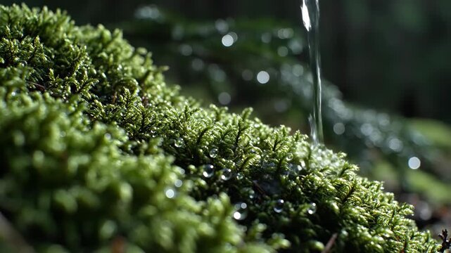 Close-up of water droplets on vibrant green moss in nature.