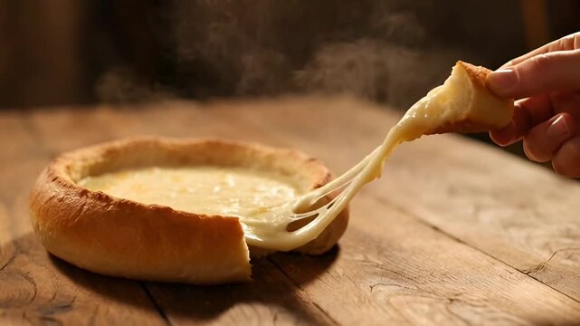 Cheesy Delight: A close-up view showcases a delectable bread bowl filled with melted cheese, with a hand pulling a piece, creating a satisfying stringy effect, perfect for food lovers.