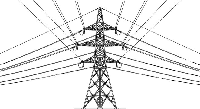 Detailed vector illustration of a high voltage power transmission tower with multiple wires and insulators