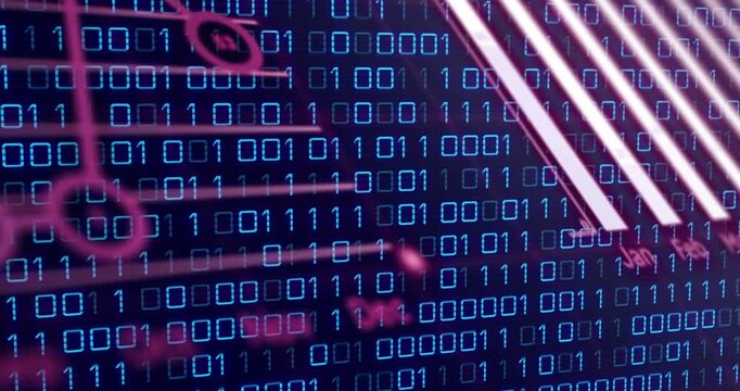 Animation of pink graphs, charts and globe over binary data processing on blue background