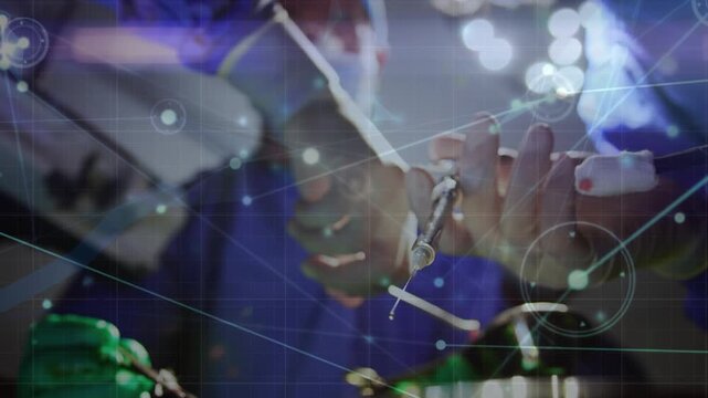 Animation of data processing over caucasian surgeons during surgery