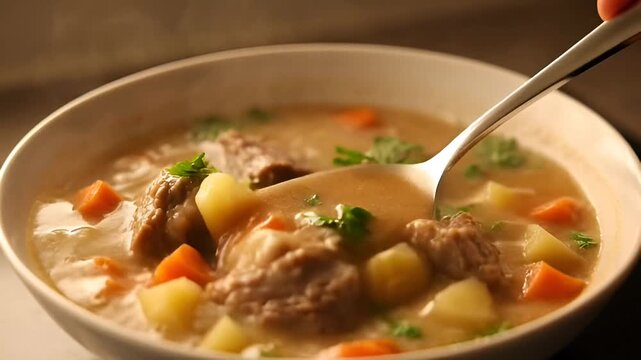 Hearty Stew Delight: A close-up shot reveals a steaming bowl of rich, flavorful stew, a medley of tender meat, vibrant vegetables, and aromatic herbs, offering comfort and culinary warmth.