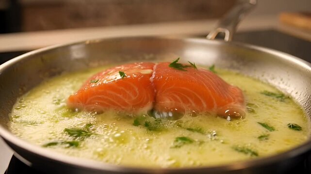 Salmon Delight: Witness the artistry of a culinary creation as a succulent salmon fillet sizzles in a pan, bathed in a flavorful sauce, evoking sensations of taste and aroma.