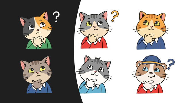 Thinking cat cartoon characters in various colors.