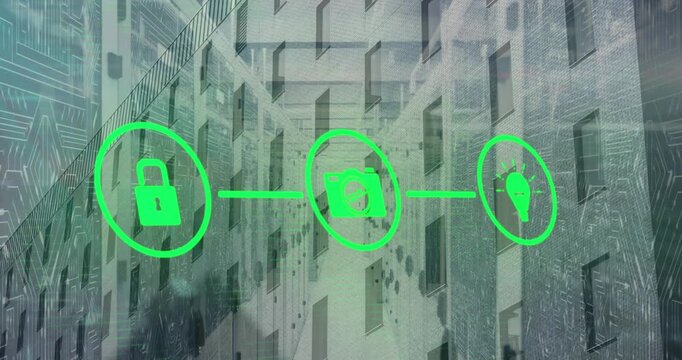 Animation of green open lock, camera, light bulb icons on digital interface against buildings