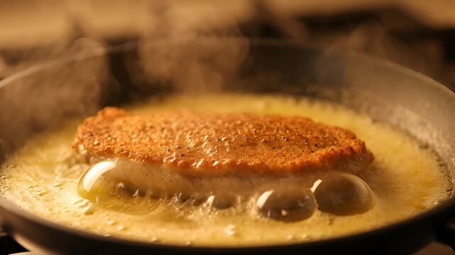 Golden Culinary Creation: A close-up shot of a savory cutlet sizzling in a pan of bubbling butter, creating a culinary masterpiece with delightful aroma and taste.