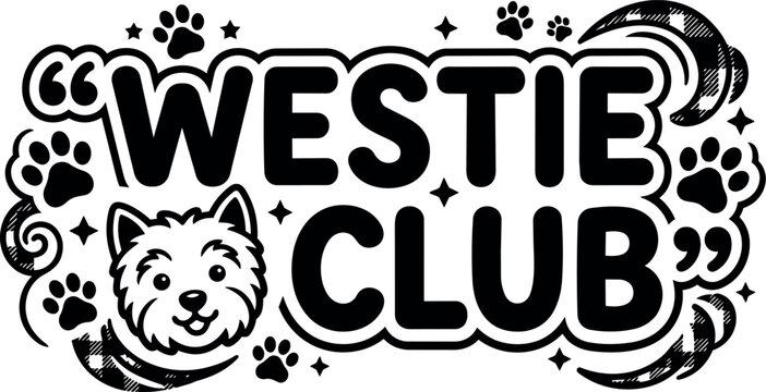 Black and white westie club text with dog face and paw prints vector art