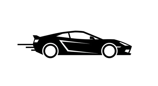 Sleek black sports car silhouette speeding across white background