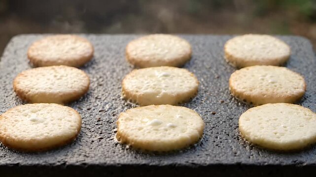 Golden Discs of Delight: A tantalizing arrangement of freshly baked, golden biscuits is artfully displayed on a rustic slate, inviting you to indulge in a moment of pure culinary pleasure.