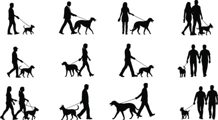 Silhouette collection of diverse people walking dogs on leashes, featuring men, women, and couples with various breeds for pet lifestyle concepts © Mim