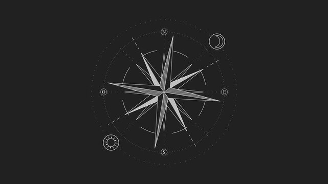 Wind rose compass seamless loop animation with clean monochrome design. Rotating navigation symbol representing cardinal directions and geographic orientation.