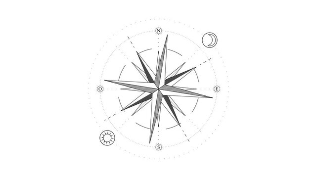 Wind rose compass seamless loop animation with clean monochrome design. Rotating navigation symbol representing cardinal directions and geographic orientation.