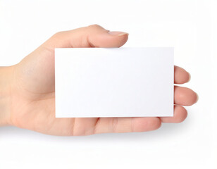Fototapeta premium Hand holding a blank business card on white background, clean minimal mockup with copy space for branding and identity design