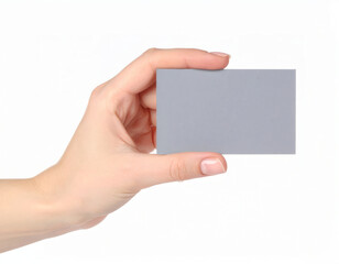 Obraz premium Hand holding a blank business card on white background, clean minimal mockup with copy space for branding and identity design