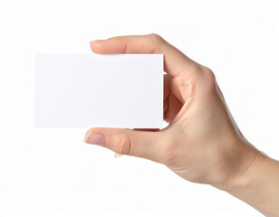 Obraz premium Hand holding a blank business card on white background, clean minimal mockup with copy space for branding and identity design