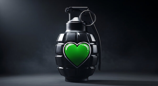 Dramatic rendering of a hand grenade bearing a luminous green heart, an impactful symbol of the dichotomy between violence and love in our world