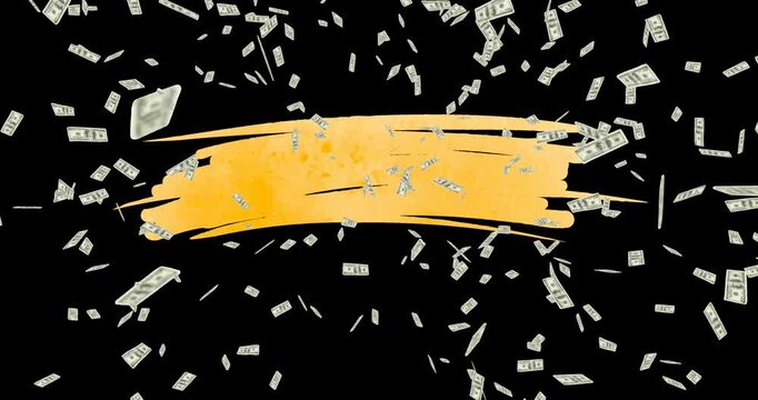 Animation of falling dollar bills and abstract pattern against black background