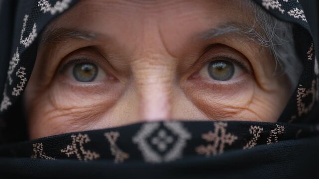Extreme close-up of an elderly woman's hazel eyes looking at the camera, framed by a black niqab with intricate white patterns. Detailed view of wrinkled skin, pupils, and iris textures.