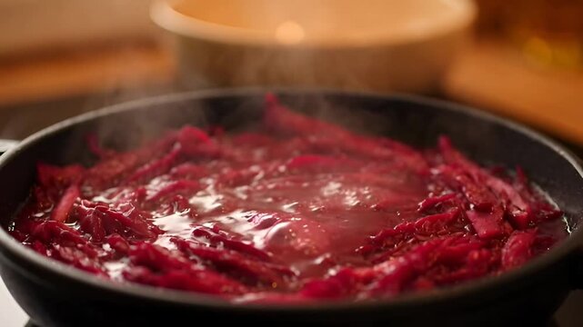 Simmering Beetroot Stew: A close-up shot captures the vibrant reddish hues of a steaming beetroot stew as it gently simmers in a rustic pan, invoking warmth and the comfort of homemade cuisine.
