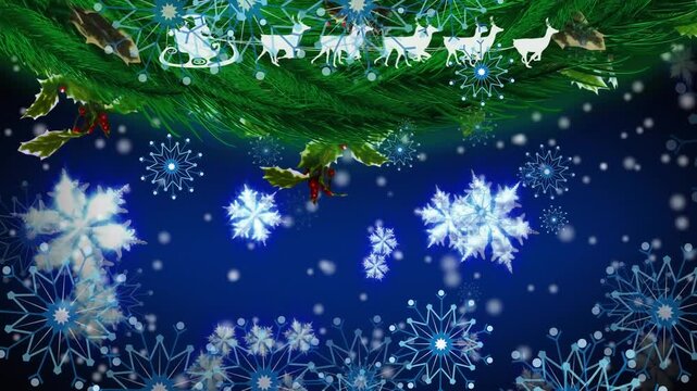 Animation of santa claus in sleigh with reindeer over snow falling and christmas tree