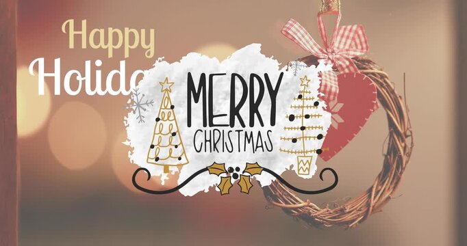 Animation of merry christmas text banner against close up of a pine cone on a toy car