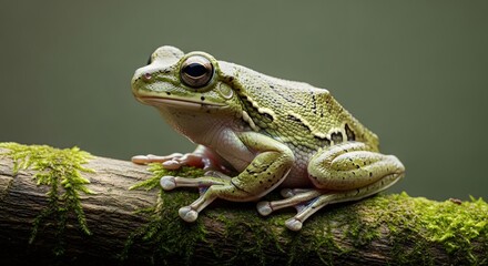 Fototapeta premium A detailed close-up of a green tree frog perched on a moss-covered branch.