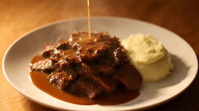 Culinary Symphony: Savor the tantalizing elegance of a gourmet dish, featuring succulent meat bathed in a rich sauce, perfectly complemented by a dollop of creamy mashed potatoes.