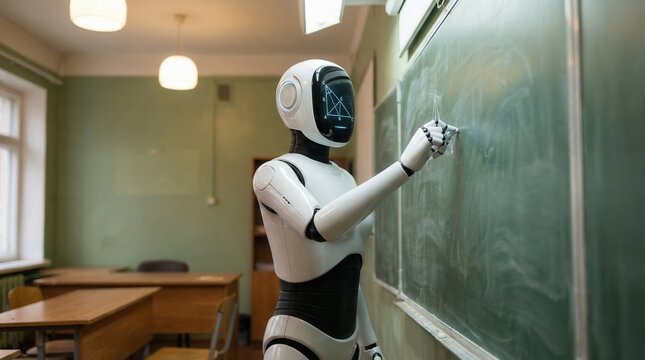 AI education concept, white humanoid robot teacher writing on classroom chalkboard 3D render. Future of learning and automated school instruction.