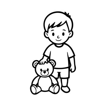 Dibujo sencillo con l&iacute;neas de un ni&ntilde;o feliz, con ropa informal, que se divierte de pie con un oso de peluche