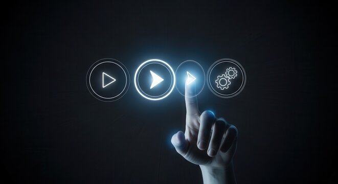 Hand selecting circular UI element, minimal glowing icons, dark gradient background