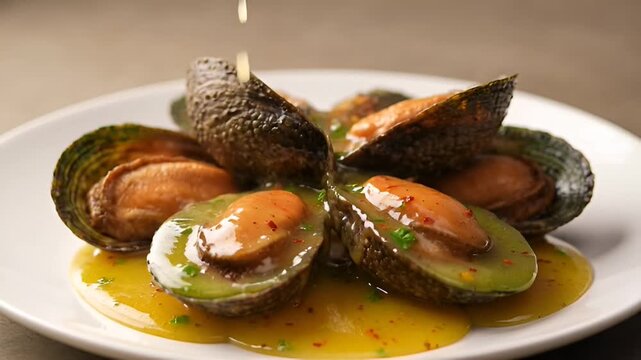 Gourmet Mussels: A close-up shot of expertly prepared mussels in their shells, bathed in a vibrant sauce. This culinary composition invites you to indulge in a seafood delicacy.