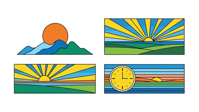 Set of stylized sunrises and landscapes in geometric stained glass style.