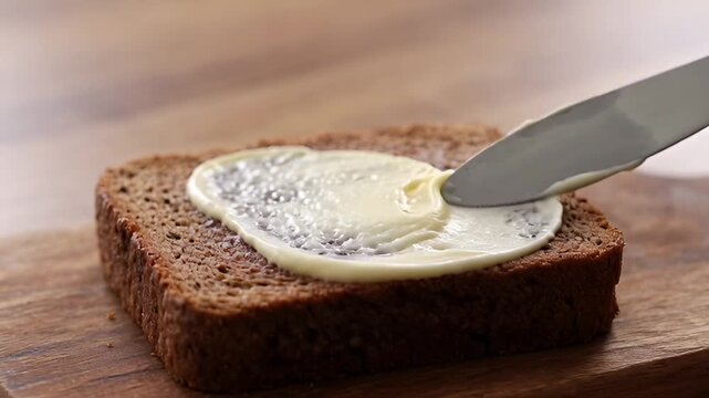 Bread and Butter: A close-up shot captures the simple pleasure of butter being smoothly spread onto a slice of hearty bread. The scene evokes warmth and comfort, ideal for culinary creations. 