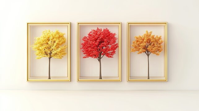 Three rectangular gold frames containing 3D models of trees in autumn colors: yellow, bright red, and orange
