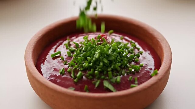 Beetroot Soup Garnished: A close-up view presents a delightful bowl of vibrant beetroot soup, artistically garnished with freshly chopped chives.