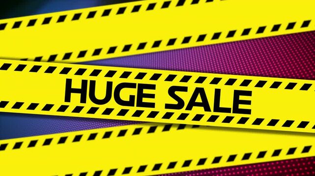 Animation of huge sale text on yellow tape over dots pattern in background