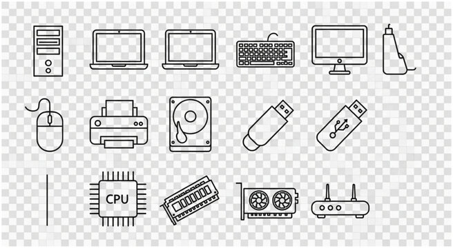 Collection of computer hardware and accessories in line art style.