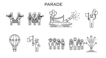 Fototapeta premium Parade illustrations featuring various elements like floats, people, and balloons in a festive celebration.