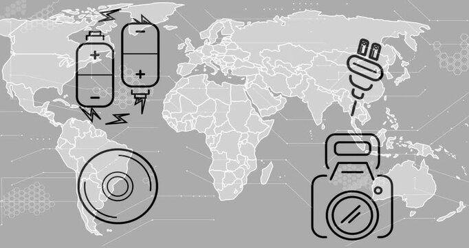 Animation of technology icons over world map on grey background
