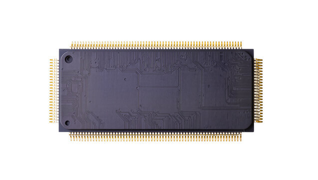 Dark blue circuit board with gold pins and complex wiring