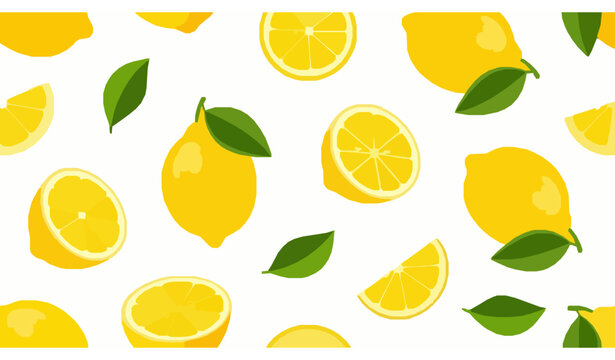 Fresh lemon pattern vector whole sliced citrus fruit with leaves illustration