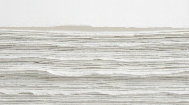 Stacked white handmade paper with deckle edges, cotton sheet texture background. Layered rough fibrous surfaces for elegant stationery design.
