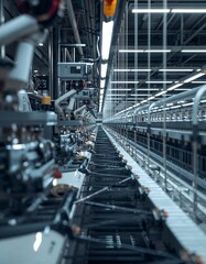Fototapeta premium Photo of an automated knitting machine creating fabric, with robotic arms assisting and fabric forming in real time. Ultra-detailed industrial interior with advanced textile production equipment.