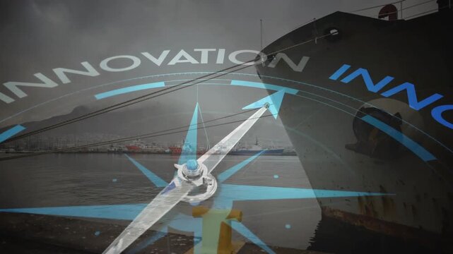Animation of compass with innovation text over shipyard