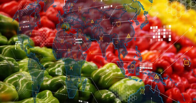 Fresh bell peppers being overlaid with global agriculture analytics showing grids, map overlay