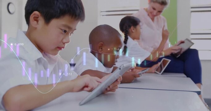 Students and teacher using tablets in bright classroom, showcasing education technology graphs