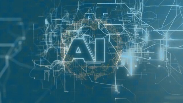 Faint vector lines sketching converging center forming AI letters with golden halo for AI branding