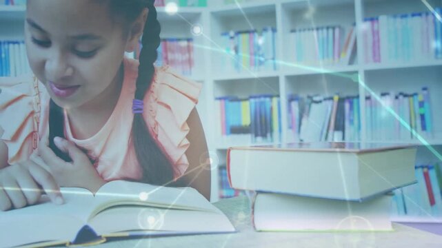 Girl lifting book cover and reading text while network overlay animating learning in library