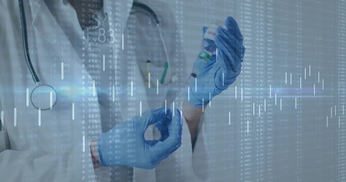 Physician grabbing labeled vial and drawing medication into syringe with animated bars for dosing