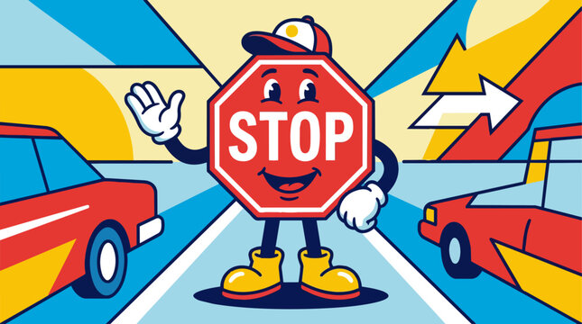 Cartoon stop sign character traffic.